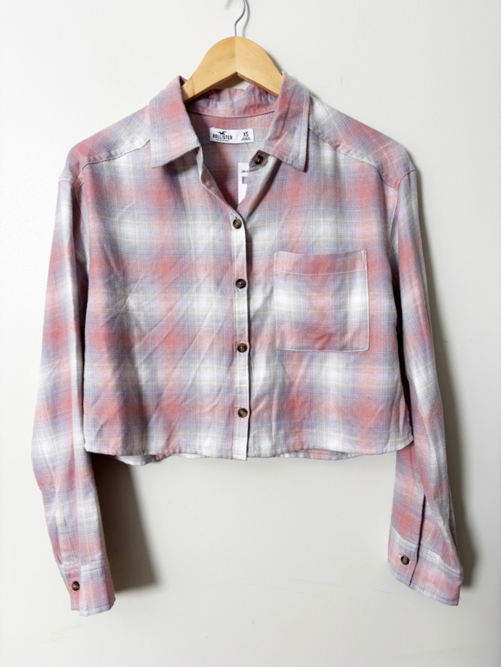 NWT Hollister Pink Plaid Crop Button Flannel Soft! Oversized!